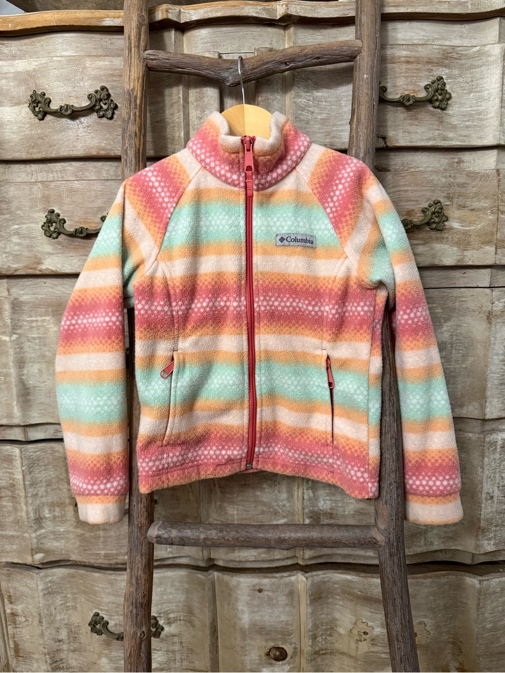 Columbia Kids Striped Fleece Jacket - Coral, Mint & Peach Size XS (6/6X)